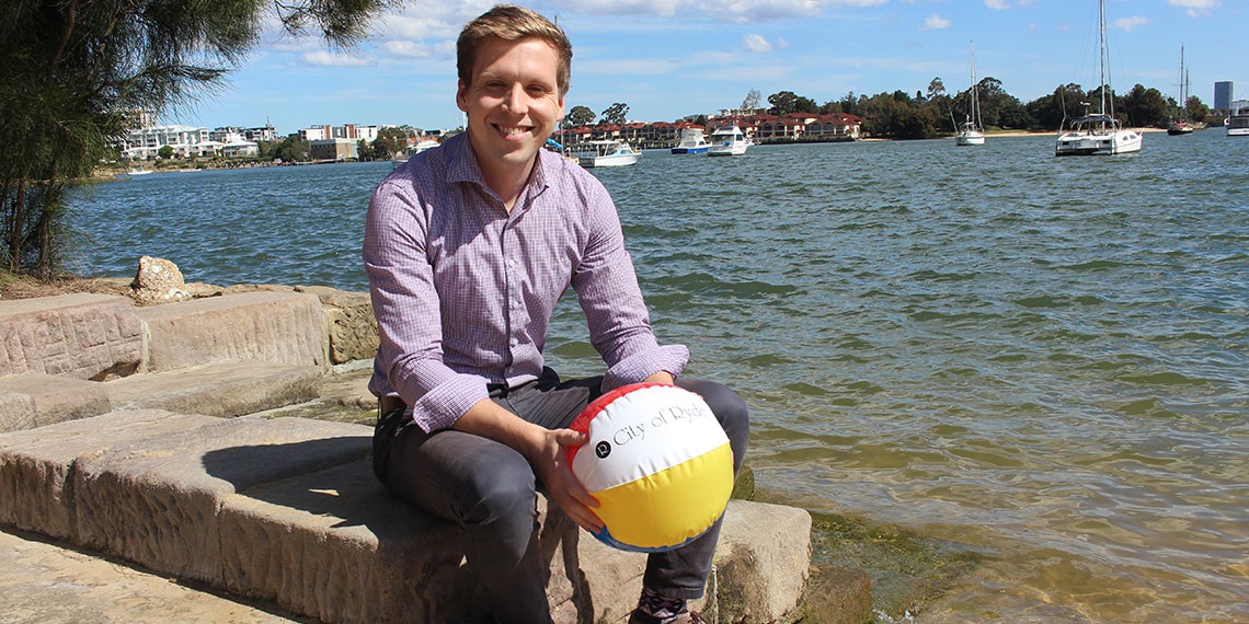 Mayor with beach ball at Putney Park