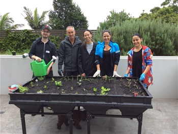 Group of people gardening outside apartment complex