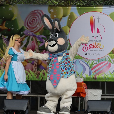 Person in rabbit costume on stage 
