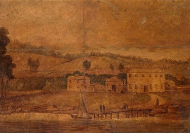 James Squire’s brewery and wharf at Kissing Point (undated). Squire's Brewery, Kissing Point, Mitchell Library SLNSW