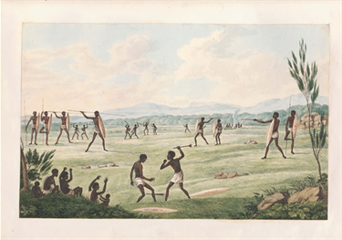 Joseph Lycett’s composite depiction of ritual combat as practiced by the Awabagal (Port Macquarie). Contest with spears, shields and clubs, c1817, Joseph Lycett, National Library of Australia
