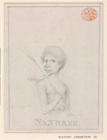Nanbarry, Colebee’s nephew and a Cadigal survivor of the smallpox epidemic. He acted as interlocutor prior to Bennelong’s capture. Nanbree, 1790s, Thomas Watling, Watling Drawing 34, Natural History Museum