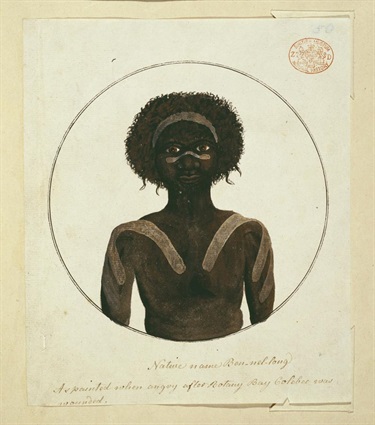 Portrait of Bennelong in December 1790 at which time he had voluntarily made contact with the Settlement but retained his traditional customs. Native name Ben-nel-long As painted when angry after Botany Bay Colebee was wounded, 1790, Port Jackson Painter, Watling Drawing 41, Natural History Museum