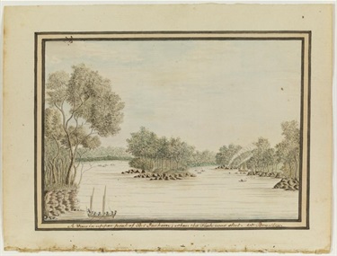 The upper reaches of Port Jackson in 1788 possibly Homebush Bay – a landscape that would have been familiar Bennelong. A View in upper part of Port Jackson when the Fish was shot, 1788, Mitchell Library SLNSW