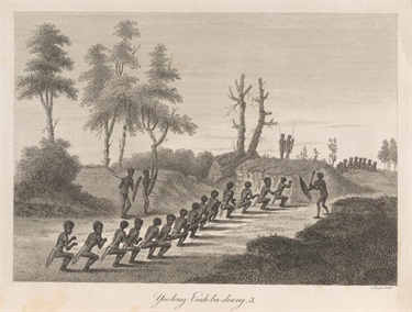 A scene from the Yoo-long Erah-ba-diang ceremony at Wogganmagully (Farm Cove) observed in February 1795. Yoo-long Erah-ba-diang 3, 1798, James Neagle, National Library of Australia