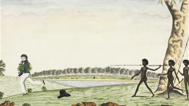 Sailor pursued by Aborigines while gathering herbs – possibly a depiction of the incident that took place on 28 July 1788. Spearing of a Rushcutter (sic), c1790, Port Jackson Painter, Watling Drawing 44, Natural History Museum