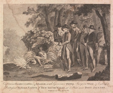 The meeting between officers of the First Fleet and smallpox victims in 1789.  A depiction based on John Hunter’s published account. Captains Hunter, Collins & Johnston with Governor Phillip, Surgeon White & c. visiting a distressed female native of New South Wales at a hut near Port Jackson, 1793, National Library of Australia