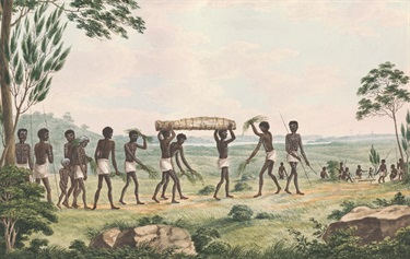 Depiction of a funeral as practised by the Awabagal (Lake Macquarie).  This is one of a number of funerary forms also practised in the Sydney region. An Aboriginal funeral, c1817, Joseph Lycett, National Library of Australia