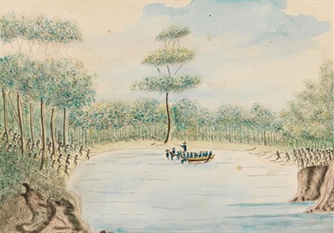 The abduction of Colebee and Bennelong at Manly Cove, 25 November 1789. Taking of Colbee and Benalon, 1789, Mitchell Library SLNSW