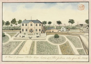 Government House, Sydney,  Bennelong and Colebee’s place of confinement. A View of Governor Philips House Sydney Cove Port Jackson taken from NNW, 1789-92 Port Jackson Painter, Watling Drawing 19, Natural History Museum