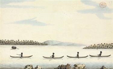 October 1790 – Bennelong reopening dialogue with Governor Phillip and his voluntary return to Sydney Cove. Ban nel lang meeting the Governor by appointment after he was wounded by Willemaring in September 1790, c1790, Port Jackson Painter, Watling Drawing 40, Natural History Museum