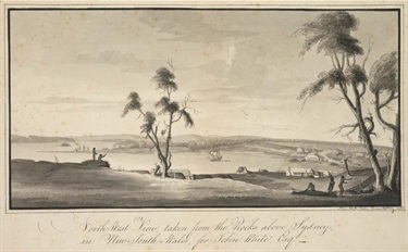 View across Sydney Cove from the Rocks.  Bennelong’s brick hut is visible at the end of Bennelong Point (Tubowgulle). North-West View, taken from the Rocks above Sydney, in New-South-Wales, for John White, Esq, c1794, Mitchell Library SLNSW