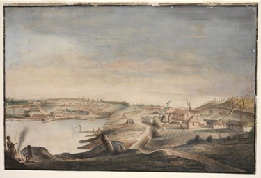 Sydney Cove as it appeared at the time of Bennelong’s return from England. View of Sydney Cove, c1794-96, Thomas Watling, Mitchell Library SLNSW