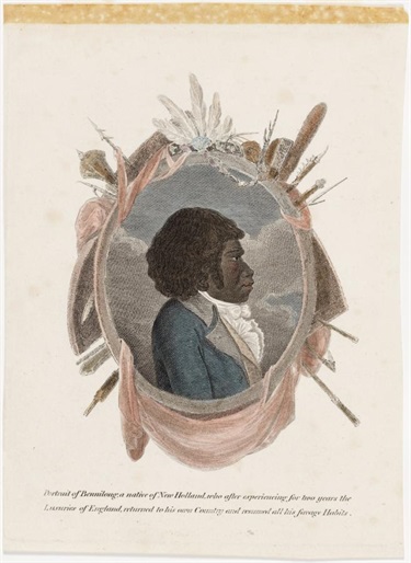 Portrait of Bennelong as a European gentleman within an armorial frame. Bennilong: a native of New Holland, 1798, Mitchell Library SLNSW