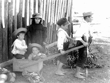 Hugh, Nettie, Nell, Jack & Bob Christie children at play, Marsfield 1893.  The Christie family emigrated from Scotland, and built their house on 22 acres of land they had purchased at Marsfield in 1892. In this photo the two older boys are the ‘horses’ and the ‘carriage’ is an old timber box. Ryde Library Service. Acc. 507584A. Christie family / 1