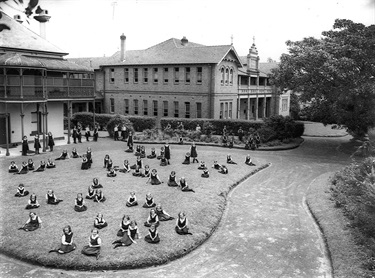 Orphan girls St Brigid’s Orphanage, Ryde, c.1938.  On the left is Squireville, originally the home of James Squire Farnell. These buildings operated as an orphanage for the first eight decades of the 20th century. Ryde Library Service. Acc. 5481872. St Brigids Orphanage / 5