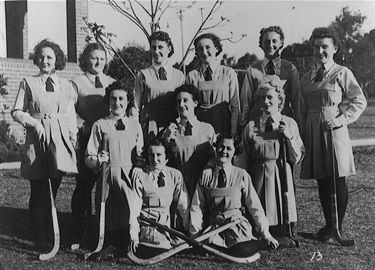 Helenie Women’s Hockey Team North District section, at Ryde Park 1938.  The people in the photograph have been identified as following: Back row left to right - unknown, Anne Bain, unknown, Elma Sheridan, unknown, Waverney Webb; middle row - Peg Shelby, Mavis Hicks, June Hardy; front row - Edie McKee, unknown. This hockey team was named ‘Helenie’ after the historic home of the same name in Meadowbank. Sports such as hockey and tennis were an important part of women’s lives. Ryde Library Service. Acc. 5755662. Hicks family / 4