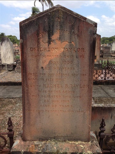 Headstone of Deighton Taylor and Rachel Taylor (nee Henning) in Field of Mars Cemetery.  She is better known to Australians by her maiden name, Rachel Henning, the author of the most widely circulated collection of private correspondence ever published in Australia The Letters of Rachel Henning.  Ryde Library Service.