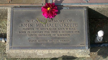 Plaque of Johnnie O’Keefe in Macquarie Park Cemetery.  Johnnie O’Keefe was a rock & roll singer; famous for ‘Wild One’, ‘Shout’ and ‘She’s my baby’. He had 29 Top 40 hits in Australia between 1958 and 1973.  Ryde Library Service.