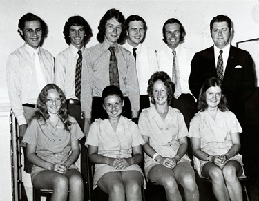 Rural Bank, Ryde staff.  Cnr Blaxland Road and Devlin Street, Ryde, 1973.  L-R Top: David Holden, Rodney Ede, Ross Fielding, John Roche, Jim Giles.  L-R Bottom: Heather Atkins, Barbara Rubcic, Patricia Mann, Lynn Worthington.  Ryde District Historical Society. Image 2391; negative 110/28A.