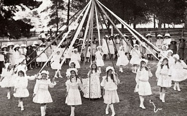Maypole dancing, Ryde Public School 1908.  A maypole is a tall wooden poll erected as part of various European folk festivals around which a maypole dance often takes place. In Australia, this tradition continued at least until the 1960s.  Ryde District Historical Society. Image 3430; negative 142/21.