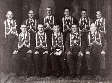 Buffalo Lodge no 130 members, Ryde.  Standing: H Armstrong; G S Turner; C A Abrahams; F Gibson; R Talbot; W I Coffey.  Sitting: G Hatton; A Mercer; M Barnes; B W Goodchild; J Hampson.  Ryde District Historical Society. Image 3757; negative 152/37.