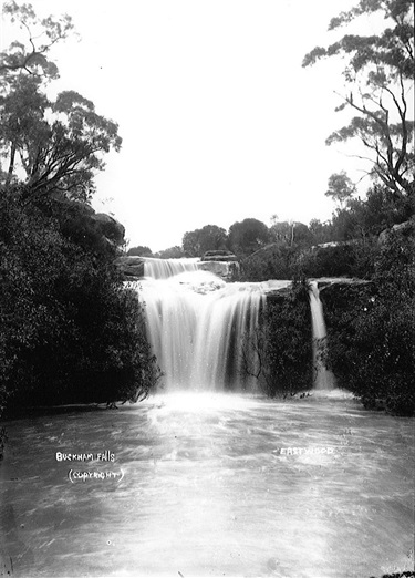 Buckham Falls in Shrimptons Creek, North Ryde 1912. George Redding in his 1986 history of North Ryde described these falls: ‘… in Alma Road the water in the creek drops from a high ledge of rock to a quiet pool below. In dry weather the flow of water is sometimes reduced to a trickle but after heavy rains the falls become spectacular. Described on the Lands Department’s Parish Map as Blaxland’s Falls, they were known by all locally as Buckham Falls’. Ryde Library Service. Acc. 5075513. Shrimptons Creek / 7.