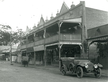 Blaxland Road, Eastwood, now Rowe St east around 1922. This building is located on the eastern side of the railway line, on the southern side of Rowe Street. Though its verandah has gone, the building still stands today. Ryde Library Service. Acc. 515832A. Rowe Street, Eastwood / 3.
