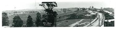 Panorama looking north-west along Blaxland Road from the roof of Hampton Court, Ryde. The Hampton Court Tourist Residential was a multi-storey building located at the corner of what is now Devlin Street and Pope Street. In this photo you can see the houses along Blaxland Road but all of the area south of that road (west of the current Ryde Civic Centre) was still open agricultural land. Ryde Library Service. Acc. 5756146. Ryde / 26.