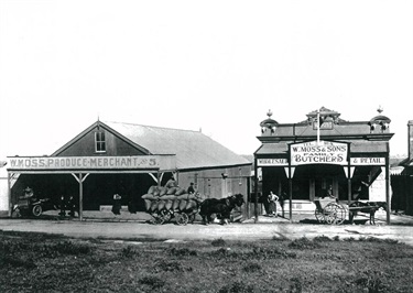 W Moss, Produce Merchant & W Moss & Sons Family Butchers, Glebe Street, 1918. Ryde Village from the 1880s until the turn of the century centred around Glebe Street (now that part of Victoria Road in front of St Anne’s Church) and Church Street with just a few shops in Parkes Street (now Blaxland Road). Ryde Library Service. Acc. 4776488. Glebe Street, Ryde / 1.