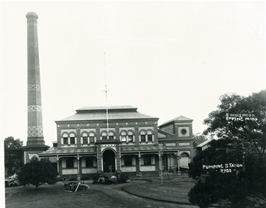Ryde Pumping Station, 1912. Built as part of the Nepean Scheme, the Ryde Pumping Station at West Ryde played an essential role in distributing water piped from Prospect Reservoir to the North Shore. Built in 1892, the station started with two engine-pump units. In 1908 the most notable change was the switch to steam turbines. The present Ryde Pumping Station was built on adjacent ground to this original 1890s building and opened September 1921 with the old station finally ceasing operation in 1930. The building was demolished in 1961. Ryde Library Service. Acc. 496909A. Ryde Pumping Station / 3.