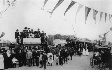 Opening of the tram line to Hatton’s Flat, Ryde, 12 June 1910. In December 1907 the NSW Parliament finally approved the construction of a tramway between the Gladesville Bridge and Hattons Flat (now the site of the Ryde Civic Centre). In December 1908 the ceremony for the first ‘turning of the sod’ was held. Construction of the line occurred from 1909-1910 and the first tram arrived in June 1910. Ryde Library Service. Acc. 5089409. Trams & Tramways - Ryde / 3.