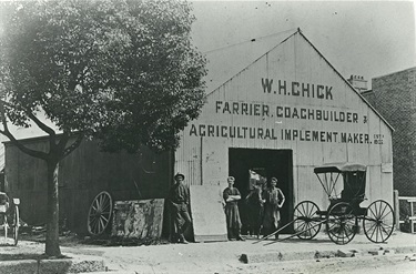 W H Chick, farrier, coachbuilder & implement maker, Rowe Street, Eastwood around 1910-1914. The railway brought a school, post office and a hotel to Eastwood in the 1880s but the development of a more substantial commercial centre had to wait for the beginning of the subdivision of Edward Terry’s estate in 1905. Walter Chick, farrier (a smith who shoes horses), coachbuilder and agricultural implement maker was one of the first to take advantage of the sub-division by moving his business from Ermington around 1906. Ryde Library Service. Acc. 5578213. Chick family / 1.