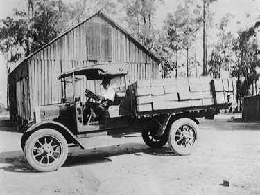 Harold Hicks off to market with a truck load of peaches, Wicks Road, North Ryde 1926-7. The Hicks’ were a long established family in the history of North Ryde and the local Baptist community. The peaches are indicative of the productivity of the North Ryde/Marsfield areas known for their market gardens, orchards and poultry farms. Ryde Library Service. Acc. 557921A. Hicks family / 2.