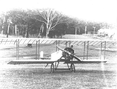 Biplane built by Jack Jones at West Ryde, 1915-1916. Jack Jones (1886-1970) was an engineer who began designing and building aeronautical engines and aircraft frames in 1907 in the backyard of his family’s home in Glebe. Around 1913 the family moved to West Parade, West Ryde. It was here that Jones built his fourth machine, a biplane with a five cylinder rotary engine. He was able to test this aircraft in the then undeveloped paddocks of the Darvall Estate behind his family’s home. Jack Jones moved to Dickson Avenue following his marriage and return to Australia after the war. Here he built his fifth machine as an entry in a light aircraft competition at Richmond. Ryde Library Service. Acc. 5579767. Jones, Leslie John Roberts (Jack) / 3.