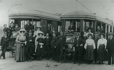 Opening of the tram line to Hatton’s Flat 12 June 1910. In December 1907 the NSW Parliament finally approved the construction of a tramway between the Gladesville Bridge and Hattons Flat (now the site of the Ryde Civic Centre). In December 1908 the ceremony for the first ‘turning of the sod’ was held. Construction of the line occurred from 1909-1910 and the first tram arrived in June 1910. Ryde Library Service. Acc. 850430A. Trams & Tramways Ryde / 4.