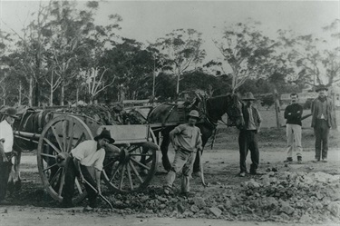 Digging up the Great North Road (now Victoria Road) for the Gladesville/Ryde tramway. The first ‘turning of the sod’ in the extension of the tramway from Drummoyne to Ryde took place in 1908. The line was completed in 1910. This is a scene mid-way in that process and shows the line was constructed by men with shovels, horses and carts. Ryde Library Service. Acc. 8504415. Tram & Tramways - Ryde / 1.