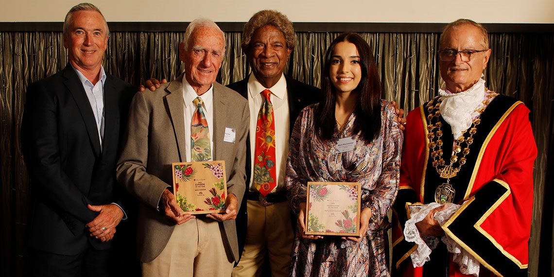 Citizen of the Year award winners with CEO Wayne Rylands, Mayor Sarkis Yedelian OAM and singer Kamahl