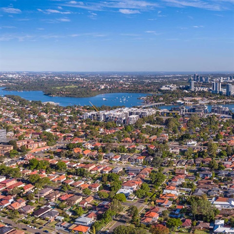 Aerial view of Ryde looking over houses, trees and the river