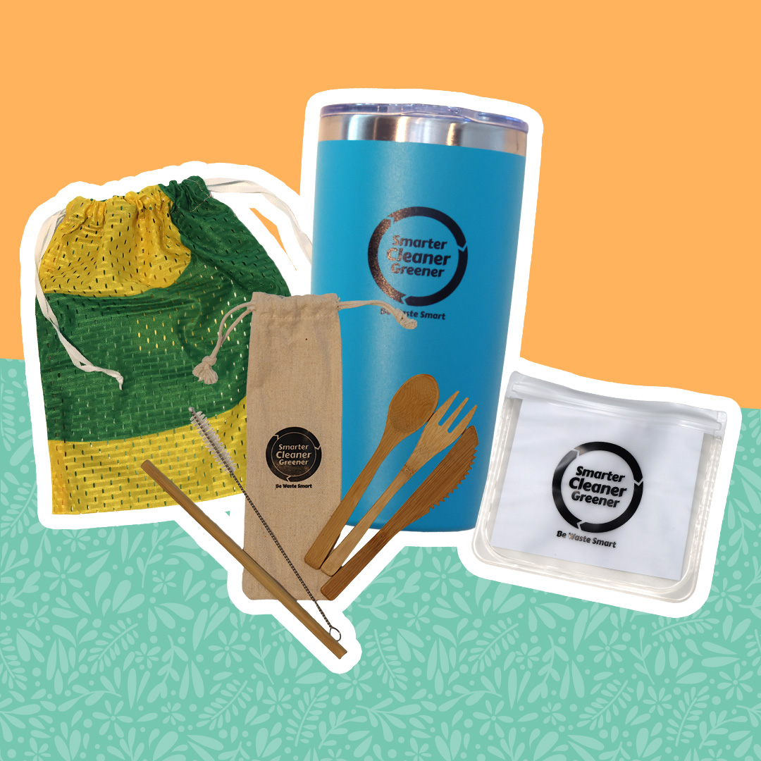 Plastic Free July products such as water bottle, bag and cutlery