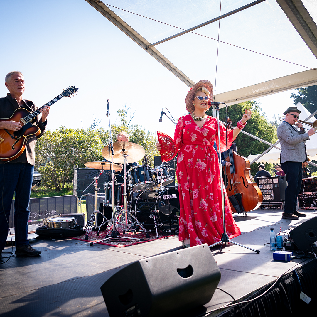 A band plays on stage