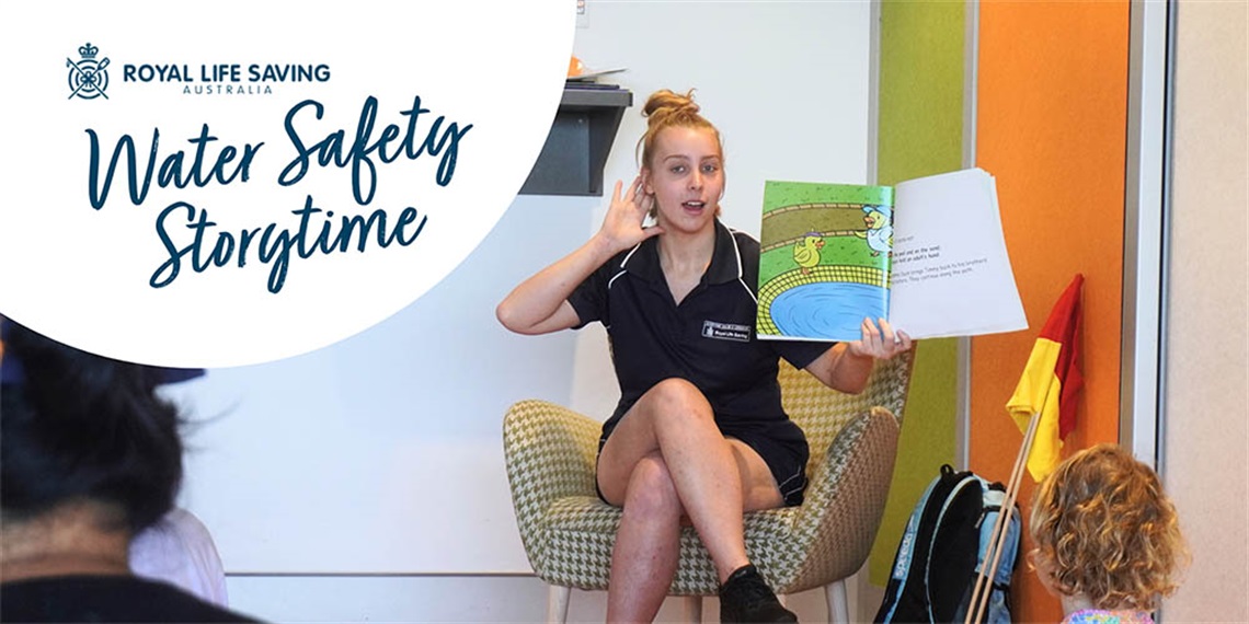 Water Safety Storytime banner featuring woman reading book to audience of children