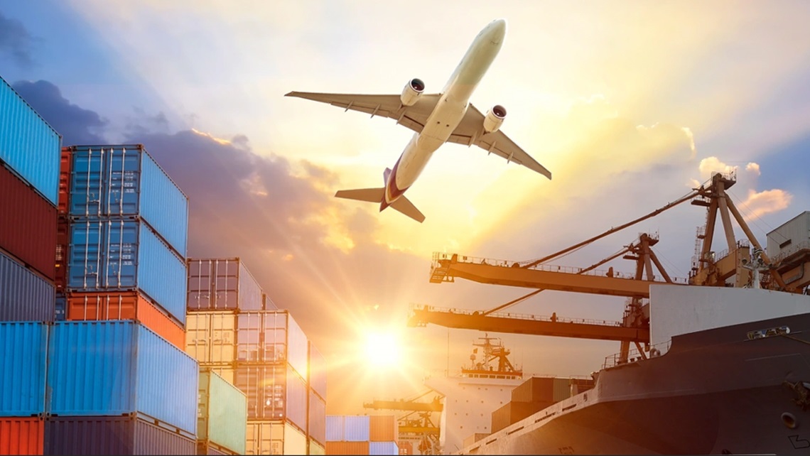 Image of export options, shipping containers, plane and ship