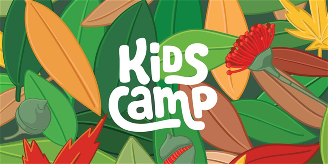 Illustration of coloured leaves. Text reads: Kids Camp