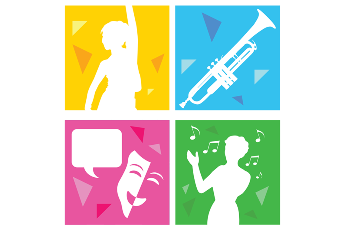 Colourful stylised graphics of dancing people, laughing face and a trumpet