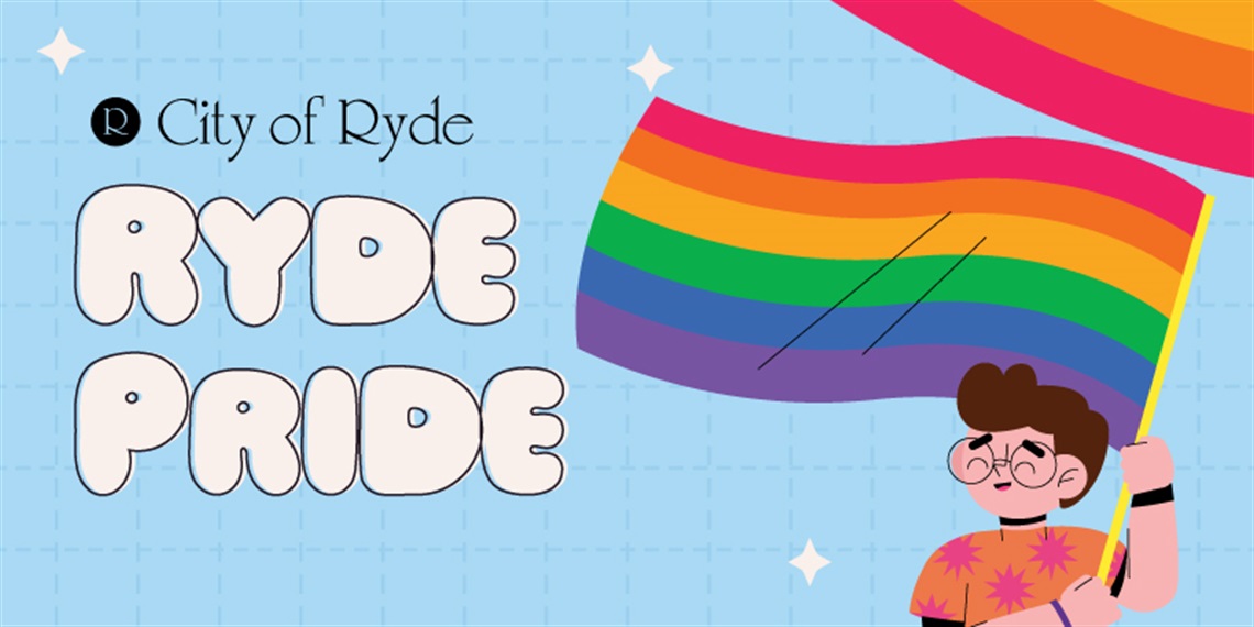 Boy holding pride flag, next to text which says City of Ryde, Ryde Pride