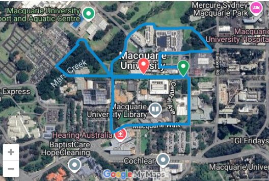 Aerial map showing running course through Macquarie University
