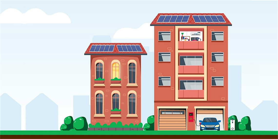 Illustration of two buildings with solar panels