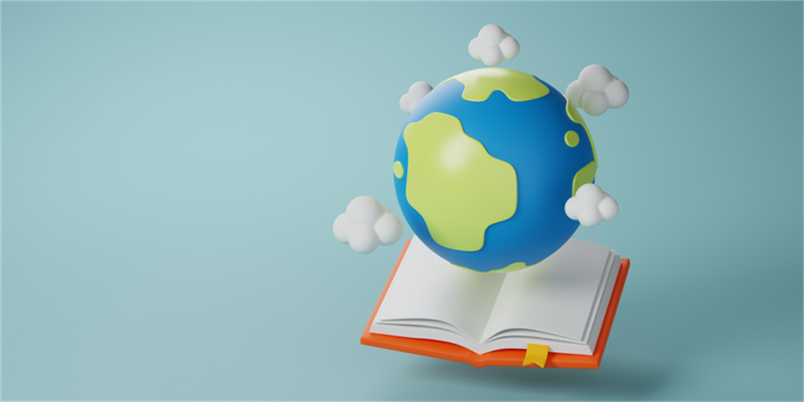 Illustration of a planet surrounded by clouds floating above an open book