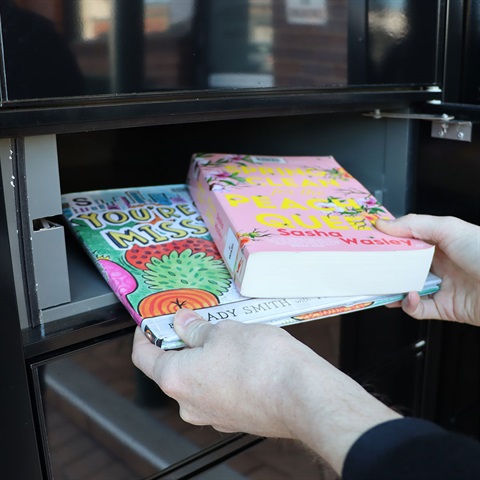 Person receiving books from book locker